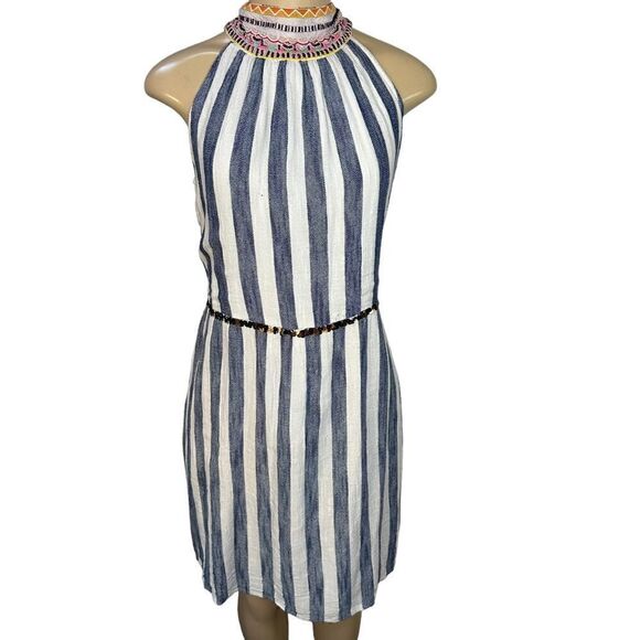 Embroidered high neck striped embellished viscose Dress medium - Picture 1 of 6